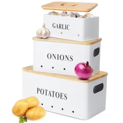 Afbeelding van Otauoaea Aardappelhouder voor uien, knoflook, set met 3 stapelbare aardappelhouders, knoflook en uienhouder deksel van bamboe, ventilatie de schaduw, vershoudfunctie (wit)