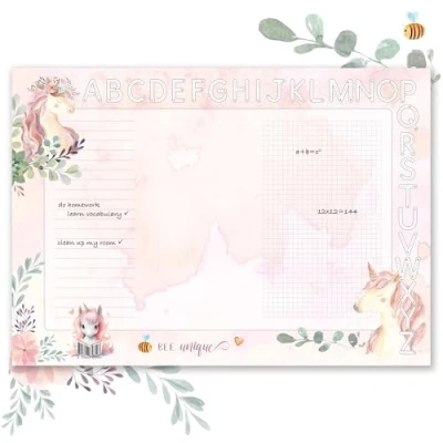 Afbeelding van TOBJA Bureauonderlegger voor meisjes, DIN A3, schattig eenhoorndesign, dik 90 g/m² papier, met ABC lijst om in te kleuren, perfect de eerste schooldag, 25 vellen