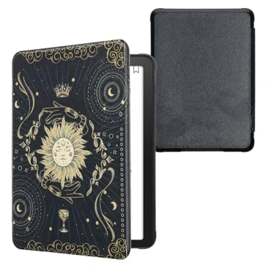 Afbeelding van kwmobile E reader hoesje geschikt voor Amazon Kindle Paperwhite (12. Gen 2024)/Kindle Colorsoft hoes flip case met magnetische sluiting Ereader cover Tarotkaart design in donkerblauw / geel zwart