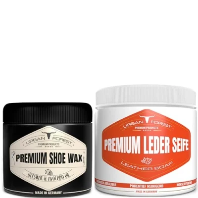 Afbeelding van · URBAN FOREST PREMIUM PRODUCTS Leerzeep/zadelzeep + schoenwas kleurloos met natuurlijke bijenwas als voordeelset voor leerverzorging, lederimpregnering en reiniging Leather Care Made in Germany