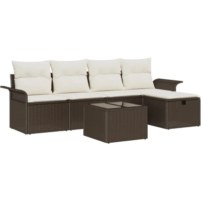 Afbeelding van vidaXL 6 delige Tuinbankstel met Kussens Bruin Poly Rattan, 2 Zits Tuinbank Opslag &amp; Rattan