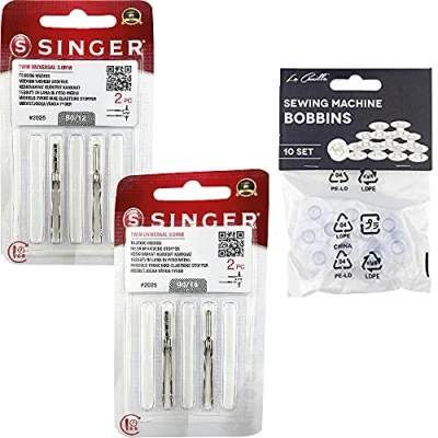 Afbeelding van Set van 4 dubbele naalden voor Singer naaimachines 2025, dikte 80/12 en 90/14, 3 mm, universeel, 130/705 H (eenzijdig platte hak),
