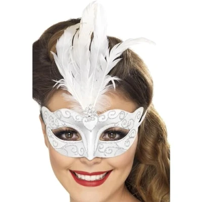 Afbeelding van SMIFFY&#039;S Venetiaans zilverkleurig masker met witte veren voor volwassenen