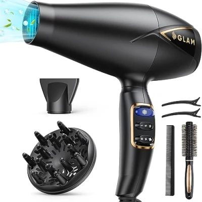 Afbeelding van GLAM Professionele haardroger, föhn, 2300 W, krachtige AC motor, sneldrogend, ionen haardroger met 2 snelheden, 3 verwarming, Cool Shot knop 1 diffuser en concentrator voor multi kapsels