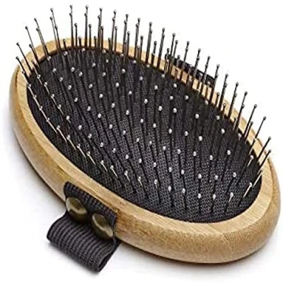 Afbeelding van Mikki Bamboe Ball Pin Palm Brush voor zachte verzorging, hond, kat, puppy met middelgrote en dikke haarjassen, handgemaakt van natuurlijke duurzame bamboe, bruin