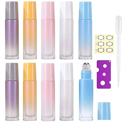 Afbeelding van Yalbdopo 10 stuks, ml lege etherische oliën rolflessen kleurrijke glazen rolfles met roestvrijstalen rollerball voor oliën/aromatherapie/geur (inclusief 12 etiketten/1 opener/1 druppelaar), Geel, Grijs, Roze, Blauw, Wit, 10ml
