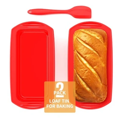 Afbeelding van Ankway Rechthoekige siliconen broodbakvorm met deegschraper, set van 2 anti aanbaklaag bakvorm voor cake en brood, 28 x 14,3 6,3 cm, rood