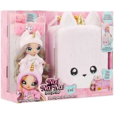 Afbeelding van Na Surprise 3 in 1 Rugzak Slaapkamer Eenhoorn Speelset met Modepop Whitney of Britney Sparkles en Fuzzy Pink Eenhoornrugzak, Kast Kussens Deken Voor Kinderen vanaf 4+