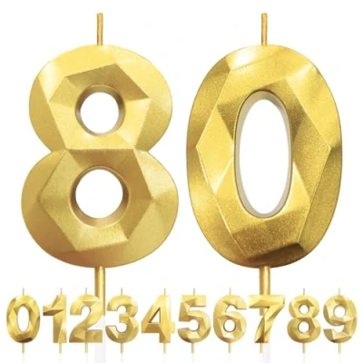 Afbeelding van 80 verjaardagskaarsen, cake, goudkleurig, cijfer 80, 3D kaarsen met cijfers, 5 cm, verjaardagstaarttopper, decoratie voor verjaardagsfeesten, bruiloft, jubileum
