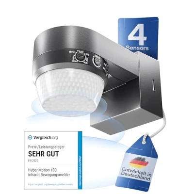 Afbeelding van HUBER Motion 100 infrarood bewegingsmelder 360 met 4 sensoren en Fresnel lens IP65 geschikt voor LED I incl. kruipbeveiliging &amp; bereikbegrenzing, wand /plafondmontage, antraciet