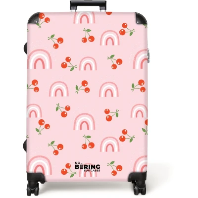 Afbeelding van NoBoringSuitcases.com® Koffer groot Reiskoffer lichtgewicht Roze met regenboog en kersen patroon Rolkoffer 4 wielen Grote trolley XL 98 liter bagage