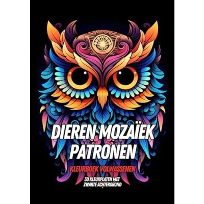 Afbeelding van Kleurboek Volwassenen Dieren Mozaïek Patronen: 30 Kleurplaten met Zwarte Achtergrond voor Urenlange Ontspanning