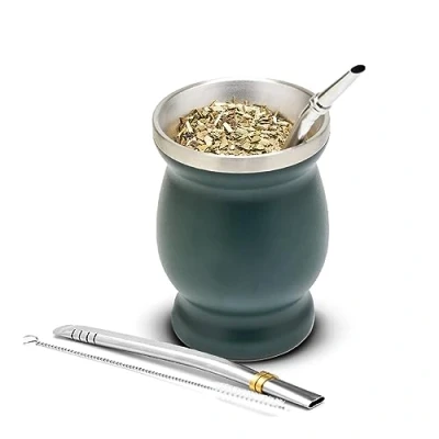 Afbeelding van Balibetov [Nieuw] Dubbelwandige Doestvrijstalen Yerba Mate Kalebas Set (Mate Cup) met Bombilla (Rietje) (Groen)