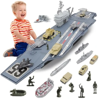 Afbeelding van deAO Vliegdekschipmodellen met kleinschalige modelvliegtuigen, vrachtwagens, helikopter, tank, onderzeeër, slagschepen, actiefiguren, cadeau voor jongens