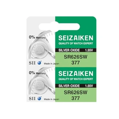 Afbeelding van Seizaiken 377 SR626SW 1.55V 0% Hg Zilver Oxide Horloge Batterij (2 Batterijen) Gemaakt in Japan door Seiko