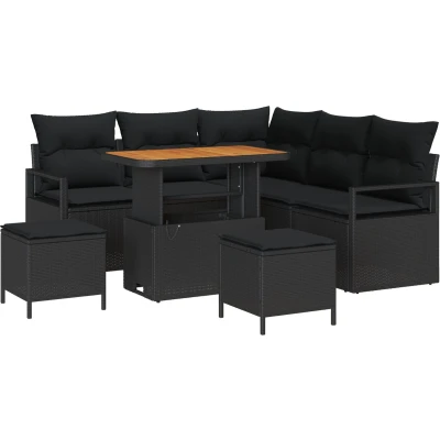 Afbeelding van vidaXL 8 delige Tuin Sofa Set met Kussens Zwart Poly Rattan Acacia, 2 zitter Rattan, 3 Eet Acacia
