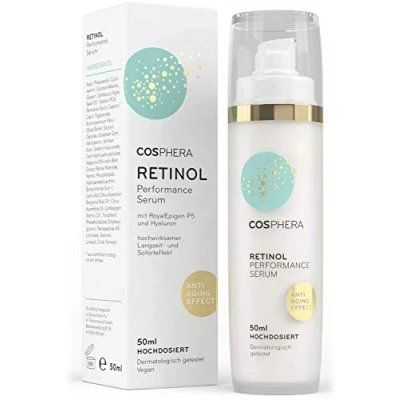 Afbeelding van Cosphera Retinol Performance Serum 50 ml met hyaluronzuur veganistische hooggedoseerde concentraat gel voor gezicht, hals en anti rimpel vochtbehandeling vrouwen mannen