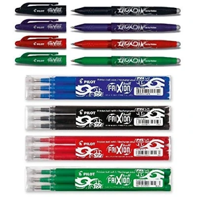 Afbeelding van Pilot Pen Frixion rollerball (uitwisbaar) 4 stuks op kleur gesorteerd + vullingen, zwart, blauw, rood &amp; groen