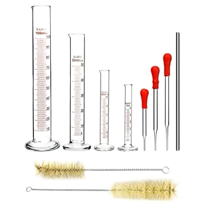 Afbeelding van QWORK® 4 stuks glazen maatcilinder, 5ml/10ml/50ml/100ml, met 3 pipetten, 2 reageerbuisborstel, 1 roerstaafje