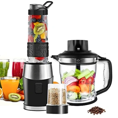 Afbeelding van WAWORIO Blender, smoothiemaker, 700 watt, staande mixer, smoothiemixer, multifunctionele vleeshakmolen, ijscrusher/koffiemolen met 570 ml sportfles, BPA vrij, Tritan