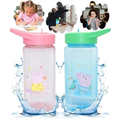 Afbeelding van SRV Hub 2 x waterflessen met rietje 420 ml, 16 cm plastic waterfles vierkant BPA vrij sipper voor kinderen 6+ maanden (Peppa en George Pig)