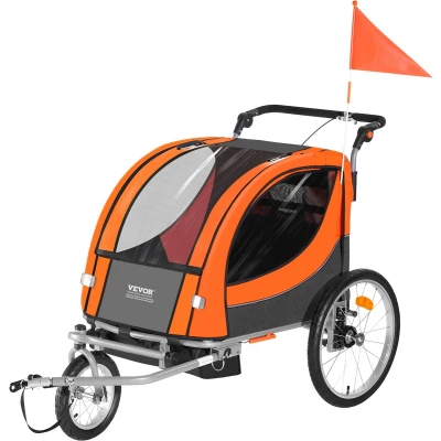 Afbeelding van VEVOR Fietskar voor peuters, kinderen, dubbele zitting, 39,9 kg belasting, 2 in 1 luifeldrager kan worden omgezet kinderwagen, sleeptouw achter opvouwbare kinderfietsaanhanger met universele