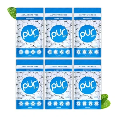 Afbeelding van PUR Gum Suikervrije Kauwgom 100% Xylitol Veganistisch, Aspartaamvrij &amp; Glutenvrij Natuurlijke Peppermint Smaak Kauwgom, 55 Stuks (Pak van 6)