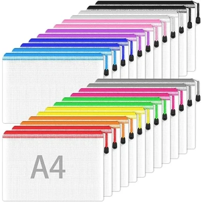 Afbeelding van Documententas A4, 24 stuks documententassen met ritssluiting, waterdichte plastic ritszakken voor documenten, papier, cosmetica (12 kleuren)