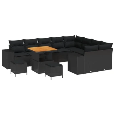 Afbeelding van vidaXL 12 Delige Tuin Sofa Set met Kussens Zwart Poly Rattan Acacia, 3 Eetset Acacia