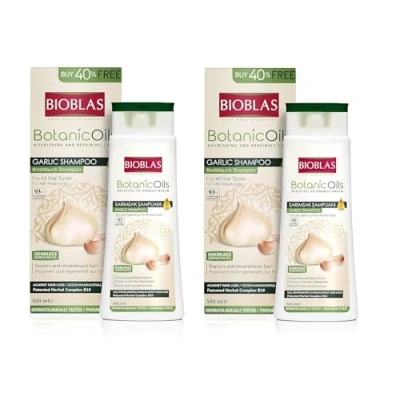 Afbeelding van 2 x knoflookshampoo, 500 ml, BIOBLAS, geurloos, anti haaruitval, voor vrouwen en mannen, voordeelverpakking.