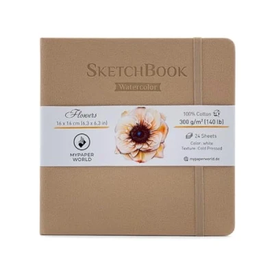 Afbeelding van Mypaperworld Aquarel schetsboek 300 g/m² 100% katoen, 16x16cm zuurvrij, 24 vellen, 48 pagina&#039;s koud geperst (beige)