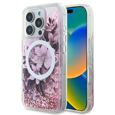 Afbeelding van Guess GUHMP16LFMWTP iPhone 16 Pro 6,3&quot; różowy/roze hardcase Liquid Glitter Flower MagSafe (Apple Pro), Smartphonehoes, Roze