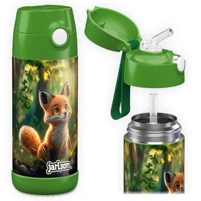 Afbeelding van Jarlson® Charli Drinkfles voor kinderen, roestvrij staal, met rietje, thermosfles 350 ml, TÜV getest, BPA vrij, lekvrij, thermische waterfles school, kleuterschool, vos, ml