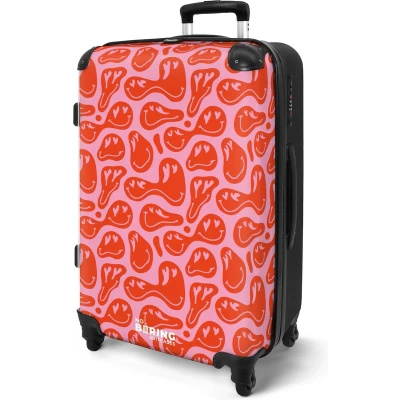 Afbeelding van NoBoringSuitcases.com® Koffer groot Rolkoffer lichtgewicht Roze met rode smileys Reiskoffer 4 wielen Grote trolley XL 20 kg bagage