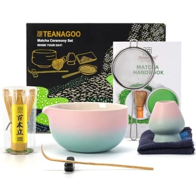 Afbeelding van TEANAGOO Japanse theeset (7st) Matcha garde set kom met schenktuit Bamboe (chasen) schep (chashaku) houder Theeset. N11, Groen Gradiënt Roze...