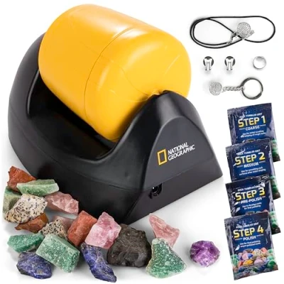 Afbeelding van National geographic Starter Rock Tumbler set bevat ruwe edelstenen, 4 polijstkorrels, sieradenbevestigingen en gedetailleerde leergids Geweldige stamwetenschapskit voor liefhebbers van mineralogie geologie