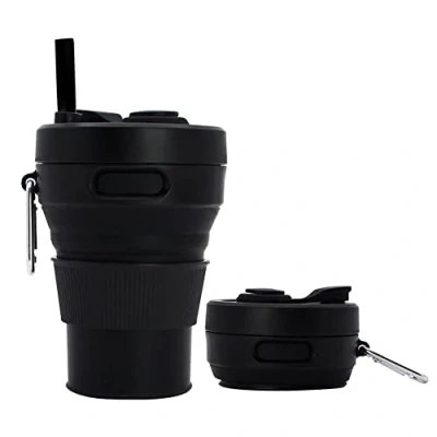 Afbeelding van UNNESTAR Siliconen koffiemok inklapbare bekers voor kamperen vouwen reizen met rietje herbruikbare draagbare drinkbekers buiten wandelen 450 ml (zwart ml, 1)