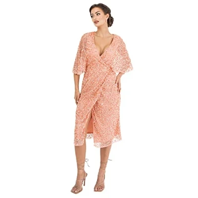 Afbeelding van Maya Deluxe Midi jurk voor dames, pailletten, versierd met cape mouwen, wikkeljurk bruiloft, gast, bruidsmeisje, cocktail, balavond, Abrikoos Blush, 36