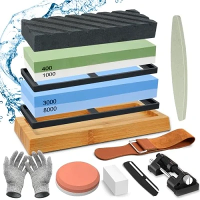 Afbeelding van YUTUY Slijpsteen,slijpsteenset dubbelzijdig 400/1000 en 3000/8000 grit, slijpstenen set met egaliseersteen,hoekgeleiding,bamboebasis,leren strip,voor metalen messen,slijpen polijsten