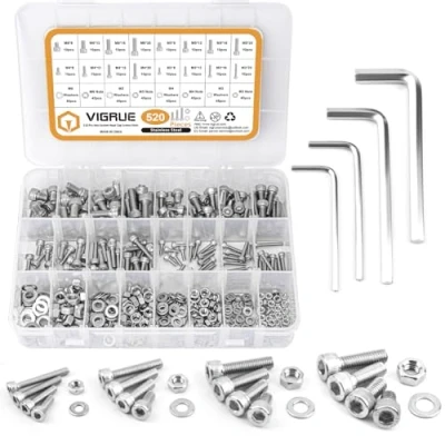 Afbeelding van VIGRUE Set 520 stuks M3 M4 M5 M6 Roestvrij Staal Zeskant Knop Socket Hoofd Kabel Bouten Schroeven met Moeren Assortiment