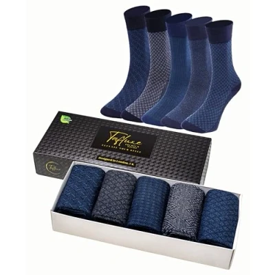 Afbeelding van Tafluxe 5 paar bamboe crewsokken voor heren duurzame, geurloze, antibacterieel vochtabsorberende, ademende jurksokken met geschenkdoos UK maat 7 11, Blauw grijs zwart (5 paar), 41 45 EU