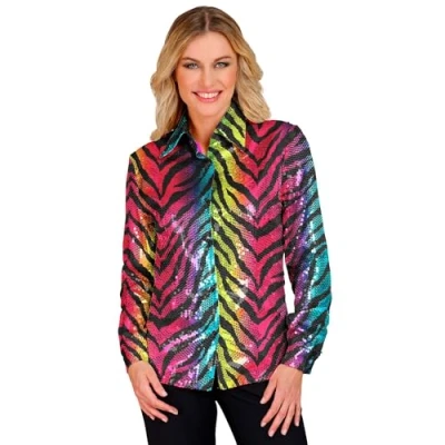 Afbeelding van Widmann Grappig &amp; Fout Kostuum Pailletten Blouse Mega Foute Regenboog Tijger Vrouw Multicolor XXL Carnavalskleding Verkleedkleding