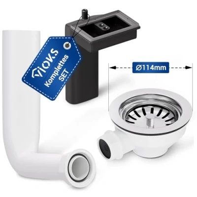 Afbeelding van VIOKS afvoergarnituur gootsteen met zeefkorfventiel 114 mm &amp; afdruip overloop voor spoelbak/spoelbak, keuken, zeef