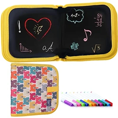Afbeelding van Leren doodle Board voor kinderen, schrijfbord, draagbaar schetsen boek met 12 gekleurde potloden, uitwisbaar herbruikbaar oefenboek schilderen, 14 pagina&#039;s
