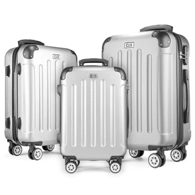 Afbeelding van POSH koffer met Harde schaal, trolley, rolkoffer, reiskoffer, handbagage, 4 wielen, van ABS, vakantiekoffer in M L XL SET, zilver, ABS kunststof