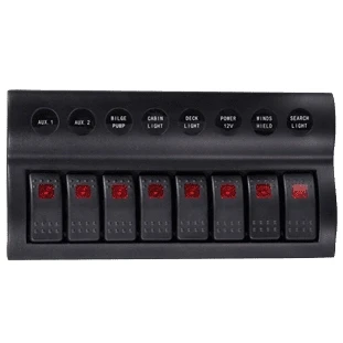 Afbeelding van Allpa Schakelpaneel, 12v, 8 schakelaars &amp; Led indicators, Autom. Zekeringen (2x5a, 3x10a, 3x15a)