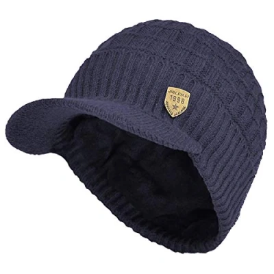 Afbeelding van Yixda Heren wintermuts met klep warm gebreide beanie cap fleece voering, marineblauw, One size