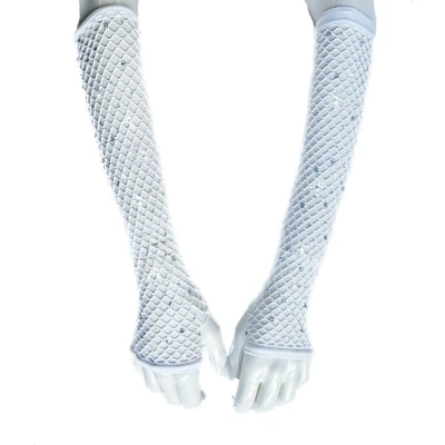 Afbeelding van BamBella® Vingerloos Net handschoenen steentjes One Size Wit Visnet Feest Gothic Carnaval