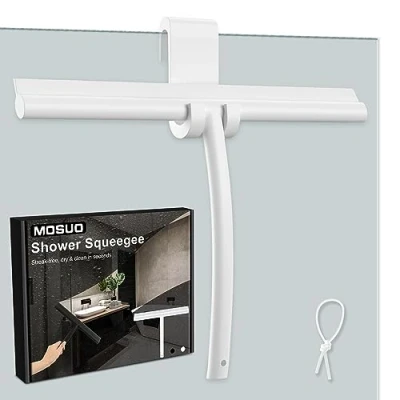 Afbeelding van MOSUO Douchewisser, siliconen douchewisser met houder zonder boren, trekker roestvrijstalen kern voor raamwisser, badkamer, spiegel, glasreiniging, tegels, autoruit (wit, 28 cm)