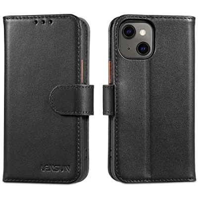 Afbeelding van Lensun Beschermhoesje voor iPhone 13 Mini, echt lederen hoes [RFID blokkering] boek met portemonnee magneetsluiting flip hoezen Mini zwart